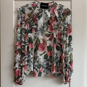 NICHOLAS Silk Floral Ruffle Blouse in Pink and Green